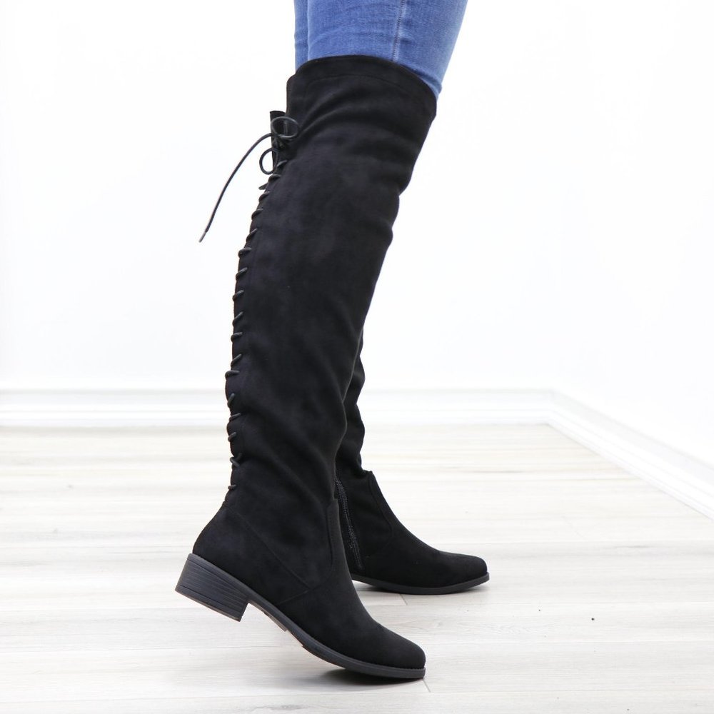 Low Heel Faux Suede Black Thigh High Boots - Picture 14 of 14
